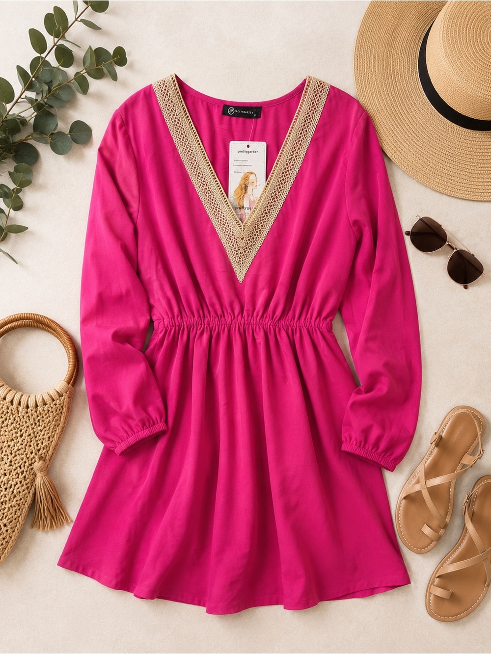 NWT PRETTYGARDEN Hot Pink Mini Dress Gold Trim Long Sleeve Size Medium